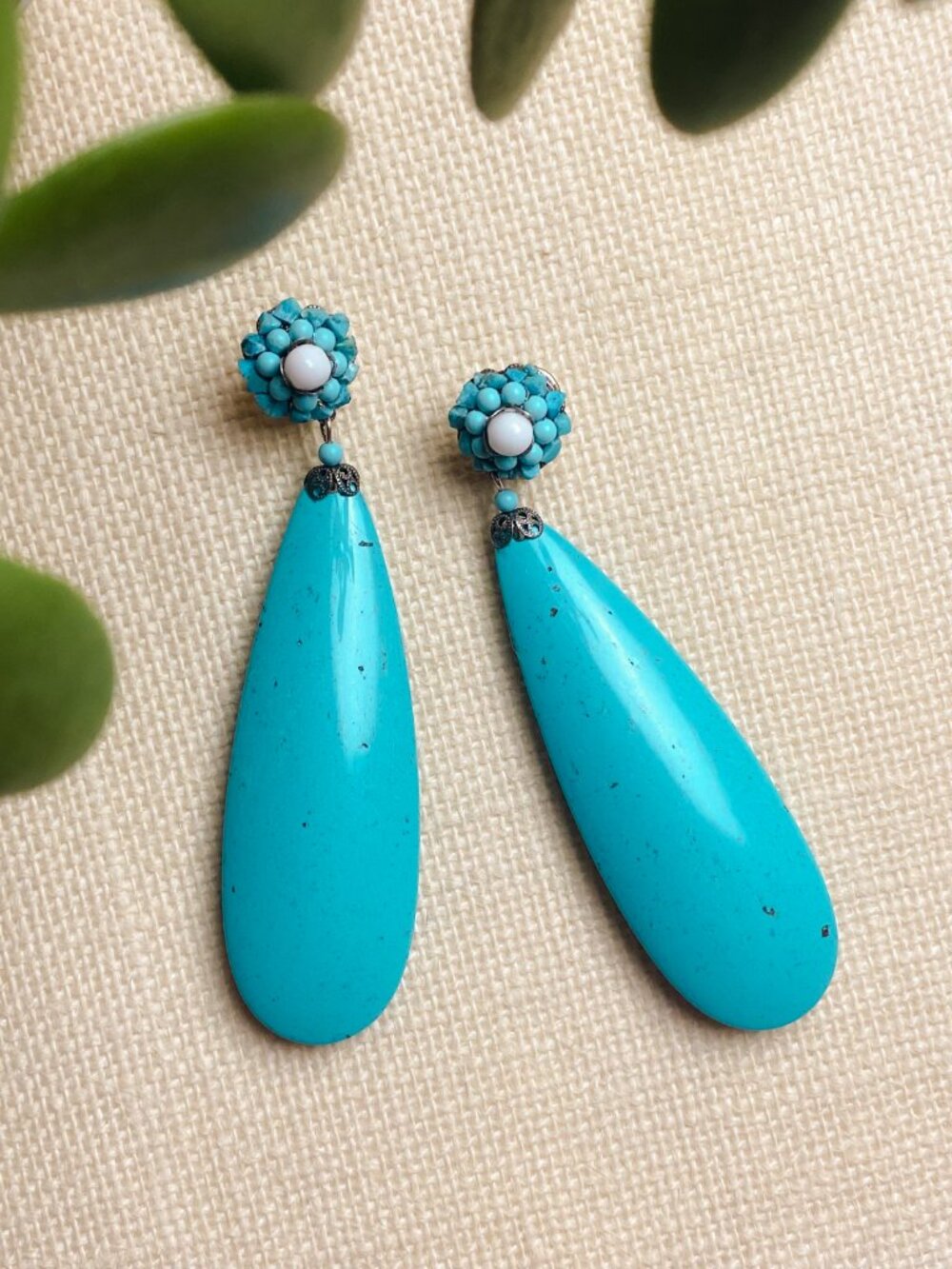 Vintage Dublos Handcrafted in Spain Flamenco Style Turquoise Teardrop Earrings